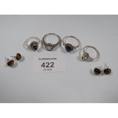 422 - A COLLECTION OF VINTAGE 925 SILVER RINGS TO INCLUDE CITRINE, AMETHYST, GARNET AND A PAIR OF TIGERS E... 