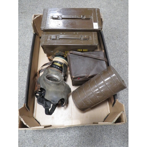 132 - TWO BRITISH ARMY METAL AMMO BOXES FOR 7.62MM &.50CAL' CARTRIDGES, PLUS THREE WW2 GAS RESPIRATORS