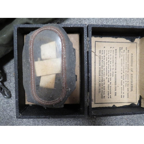 133 - BRITISH ARMY WIRELESS BATTERY BOX, WW2 FRENCH TC38 GAS RESPIRATOR & DISPLAY STAND AND TWO WW2 BRITIS... 