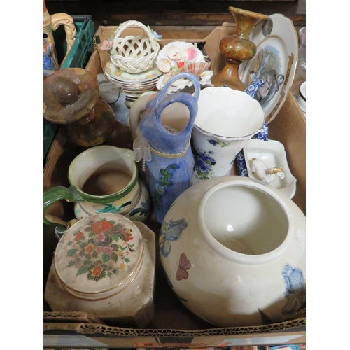 164 - THREE TRAYS OF CERAMICS AND GLASS TO INCLUDE ASSORTED BEER STEINS, VASES ETC