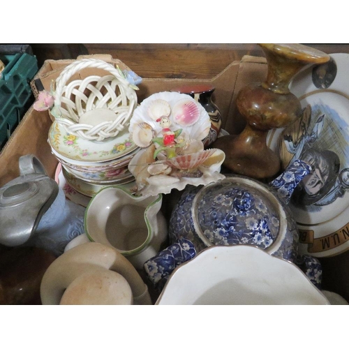 164 - THREE TRAYS OF CERAMICS AND GLASS TO INCLUDE ASSORTED BEER STEINS, VASES ETC