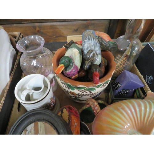 164 - THREE TRAYS OF CERAMICS AND GLASS TO INCLUDE ASSORTED BEER STEINS, VASES ETC