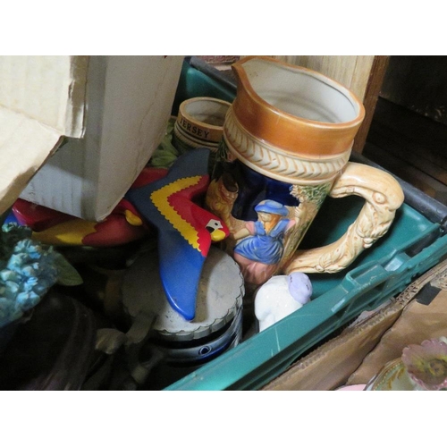 164 - THREE TRAYS OF CERAMICS AND GLASS TO INCLUDE ASSORTED BEER STEINS, VASES ETC