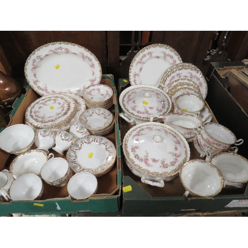 166 - TWO TRAYS OF MAINLY ROYAL ALBERT DIMITY ROSE DINNER WARE AND SALISBURY CHINA