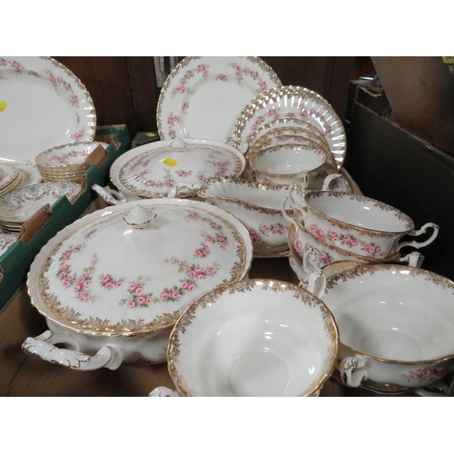 166 - TWO TRAYS OF MAINLY ROYAL ALBERT DIMITY ROSE DINNER WARE AND SALISBURY CHINA