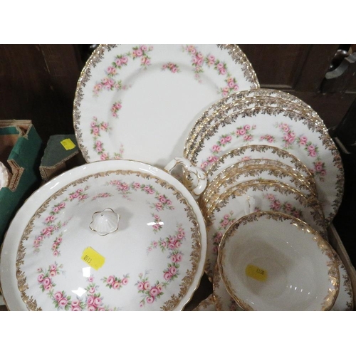 166 - TWO TRAYS OF MAINLY ROYAL ALBERT DIMITY ROSE DINNER WARE AND SALISBURY CHINA