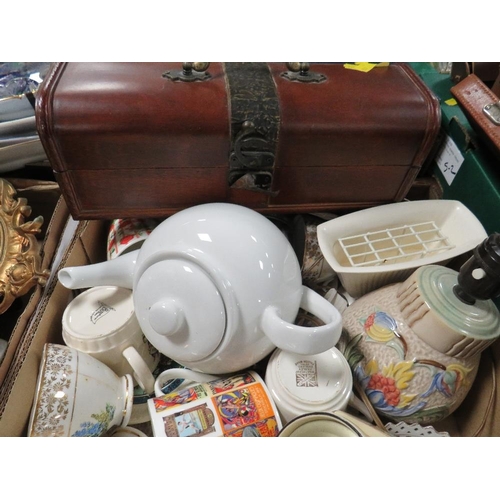 186 - TWO TRAYS OF ASSORTED CERAMICS AND METAL WARE TO INCLUDE A SET OF DUEL BALANCE SCALES