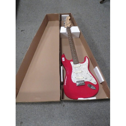 290 - A SQUIRE FENDER BULLET STRAT WITH THREE SINGLE COIL PICK UPS IN CHERRY RED FINISH