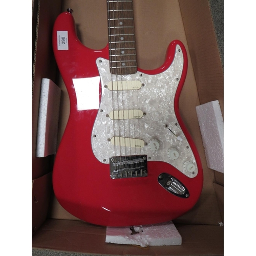 290 - A SQUIRE FENDER BULLET STRAT WITH THREE SINGLE COIL PICK UPS IN CHERRY RED FINISH