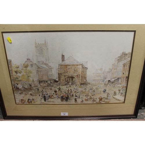 14 - A FRAMED AND GLAZED WATER COLOUR OF A BUSTLING MARKET TOWN SCENE