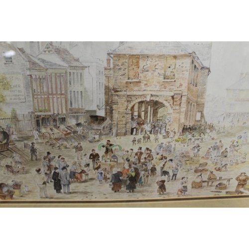 14 - A FRAMED AND GLAZED WATER COLOUR OF A BUSTLING MARKET TOWN SCENE