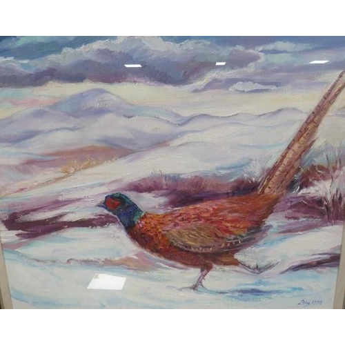 23 - A FRAMED AND GLAZED OIL ON CANVAS OF A PHEASANT RUNNING ON A SNOWY HILLSIDE SIGNED LOWER RIGHT LIBBY... 