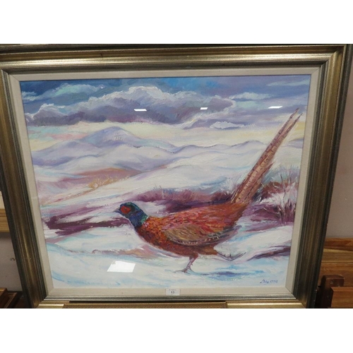 23 - A FRAMED AND GLAZED OIL ON CANVAS OF A PHEASANT RUNNING ON A SNOWY HILLSIDE SIGNED LOWER RIGHT LIBBY... 