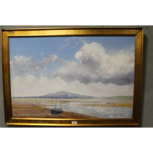 25 - A GILT FRAMED OIL ON CANVAS OF AN ESTUARY SCENE ENTITLED HOLYHEAD MOUNTAIN BY LIONEL ROUSE SIGNED LO... 