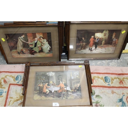 28 - THREE STYLIZED OAK FRAMES AND GLASS CONTAINING  VINTAGE PRINTS