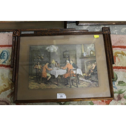 28 - THREE STYLIZED OAK FRAMES AND GLASS CONTAINING  VINTAGE PRINTS