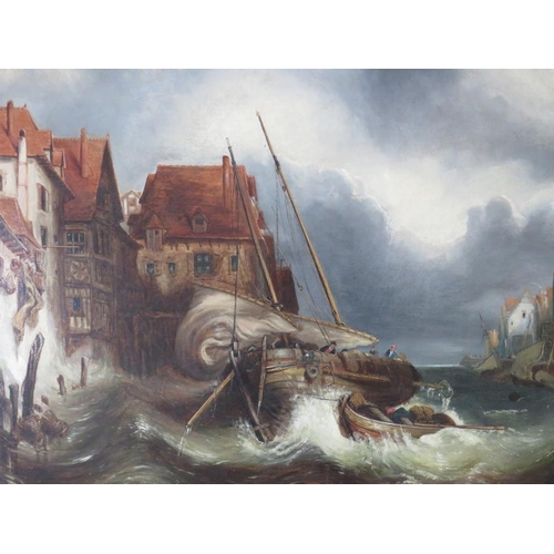 32 - ATTRIBUTED TO CLARKSON FREDERICK STANFIELD (1793-1867). A stormy Continental coastal town scene with... 