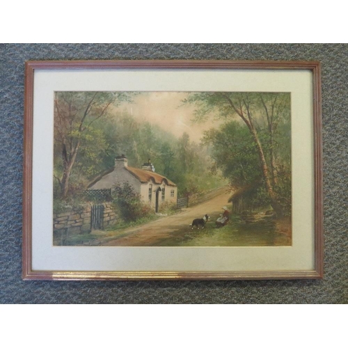 4 - ALBERT MILTON DRINKWATER (1862-1923). 'A Cumbrian Cottage', with figure and dog, see verso, signed l... 