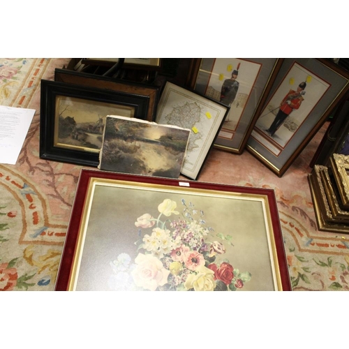 40 - A LARGE FLORAL PRINTS & MILITARY CRICKET PICTURES ETC