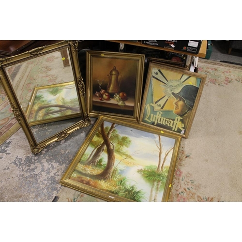 43 - A QUANTITY OF PICTURES TO INCLUDE AN EARLY PAIR OF 19TH CENTURY OILS, GILT MIRROR ETC (BY ROCKING HO... 