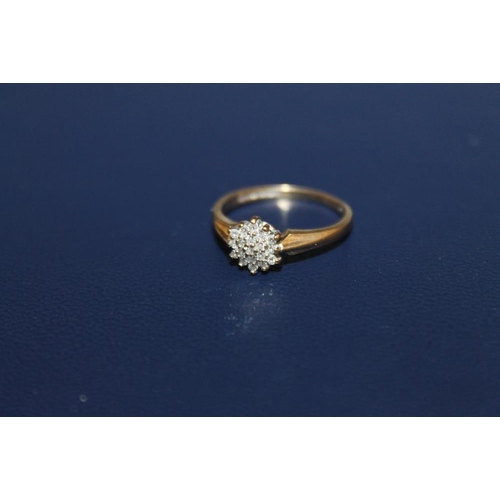 437 - A HALLMARKED 9 CARAT GOLD DIAMOND CLUSTER RING, 1.9g, ring size M