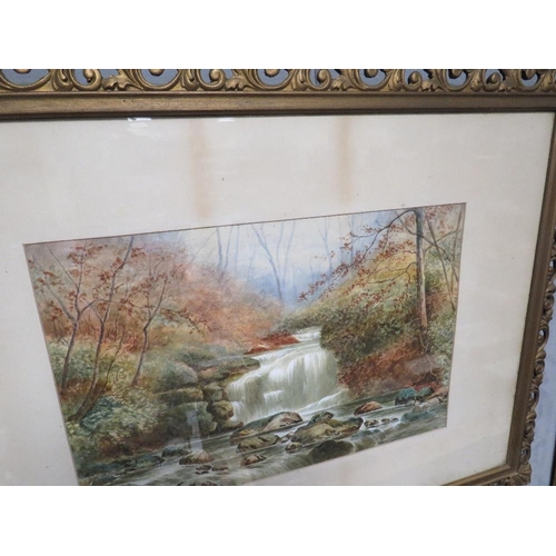 44 - A WATERCOLOUR DEPICTING A WOODLAND RIVER SCENE SIGNED LOWER RIGHT TOGETHER WITH AN OIL ON BOARD OF A... 