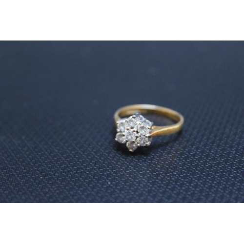 441 - A HALLMARKED 18 CARAT GOLD DIAMOND 'DAISY' RING, set with seven diamonds totalling an estimated 0.33... 