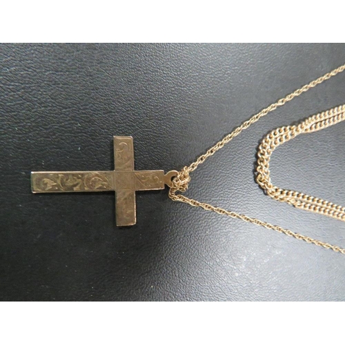 467 - A 9CT GOLD CROSS AND A HALLMARKED 9CT GOLD CHAIN approx weight 3.1g TOGETHER WITH AN UNMARKED YELLOW... 