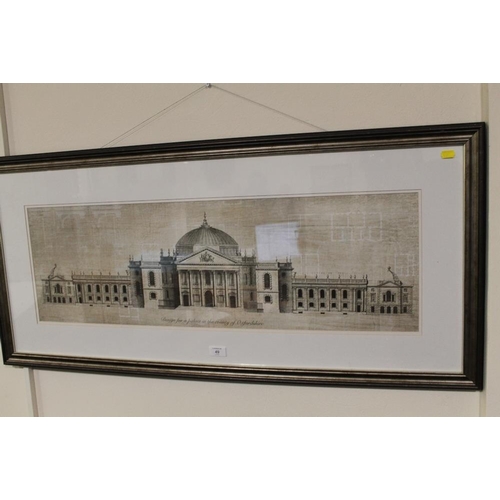 49 - A LARGE FRAMED ARCHITECTURAL PRINT 'DESIGN FOR A PALACE IN THE COUNTY OF OXFORDSHIRE', 28 X 89 CM (I... 