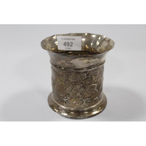 492 - A HALLMARKED SILVER POT BY WILLIAM COMYNS WITH TYPICAL ANGEL DECORATION