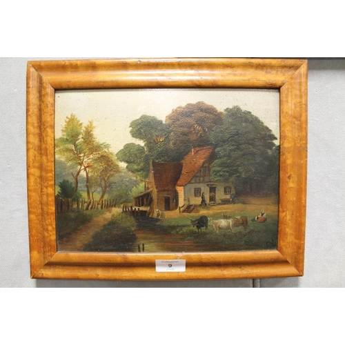 9 - A SMALL NAIVE 19TH CENTURY OIL ON BOARD DEPICTING A FARMYARD, IN MAPLE FRAME, 21 x 29 cm