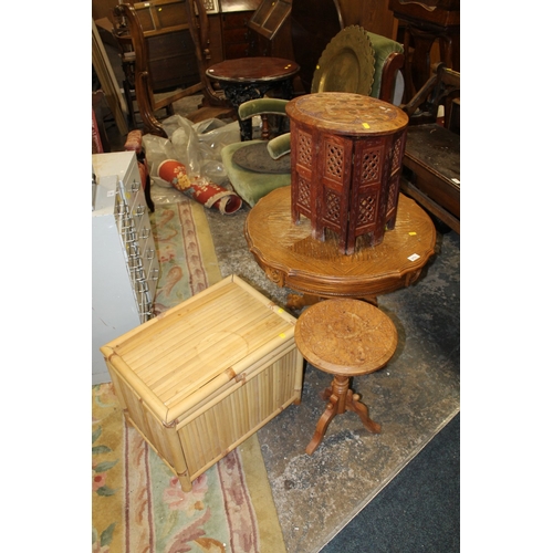 874 - A ROUND TABLE A/F, PLUS A WICKER BOX AND TWO EASTERN TABLES