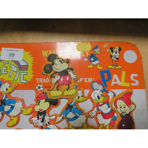 99 - VINTAGE METAL TRAY CONTAINING NUMEROUS MAGNETIC DISNEY FRIDGE STICKERS