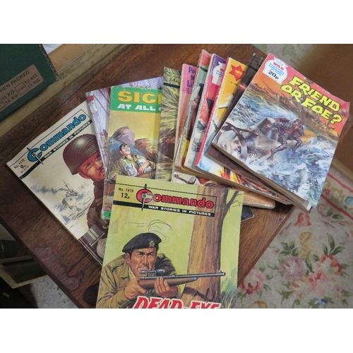 104 - A VINTAGE DOLL ON STAND WITH A SMALL SELECTION OF COMIC BOOKS