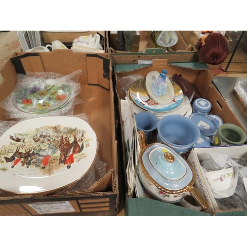 107 - THREE TRAYS OF CERAMICS AND GLASS  TO INCLUDE WEDGWOOD JASPER AND SUNDRIES TO INCLUDE GLASSWARE, FIG... 