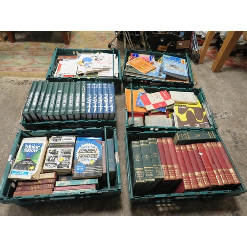 111 - A LARGE QUANTITY OF VINTAGE BOOKS TO INCLUDE MANY VINTAGE MOTORING EXAMPLES ( PLASTIC TRAYS NOT INCL... 