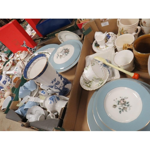 115 - THREE TRAYS OF ASSORTED CERAMICS TO INCLUDE ROYAL DOULTON ROSE ELEGANS DINNERWARE , PORTMEIRION ETC