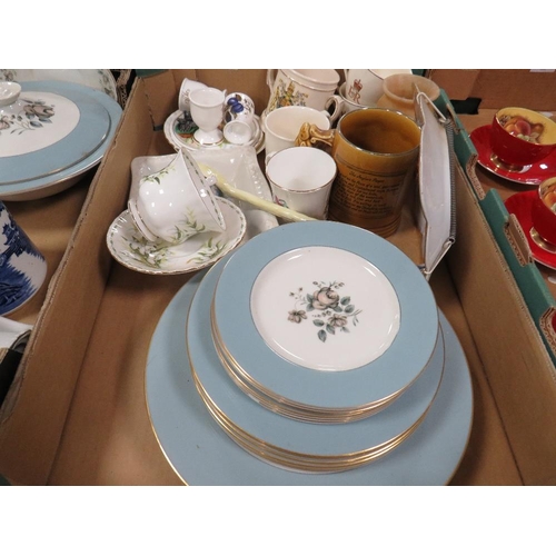 115 - THREE TRAYS OF ASSORTED CERAMICS TO INCLUDE ROYAL DOULTON ROSE ELEGANS DINNERWARE , PORTMEIRION ETC