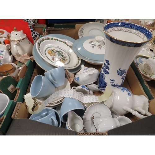 115 - THREE TRAYS OF ASSORTED CERAMICS TO INCLUDE ROYAL DOULTON ROSE ELEGANS DINNERWARE , PORTMEIRION ETC