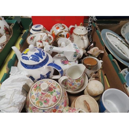 115 - THREE TRAYS OF ASSORTED CERAMICS TO INCLUDE ROYAL DOULTON ROSE ELEGANS DINNERWARE , PORTMEIRION ETC