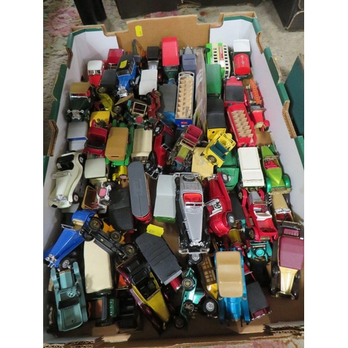 129 - TWO TRAYS OF ASSORTED BOXED/UNBOXED TOY MODEL CARS ETC TO INCLUDE CORGI, EDDIE STOBART, ETC