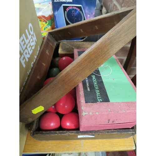 142 - A TRAY OF ASSORTED SIZED SNOOKER AND BILLIARD BALLS TOGETHER WITH A TRIANGLE