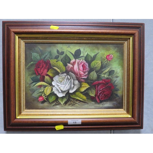 15 - P. GOSLING - A SMALL OIL ON CANVAS DEPICTING FLORAL STILL LIFE 20 X 30 CM