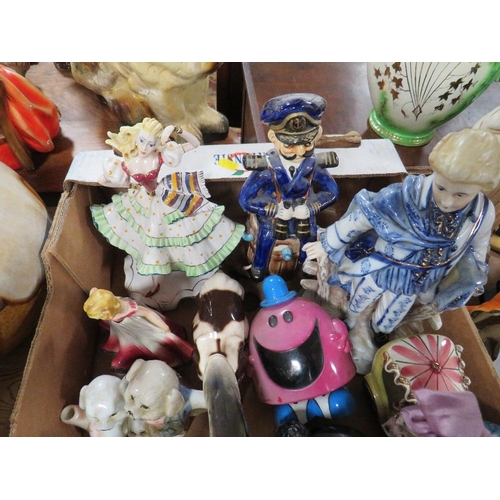 151 - TWO TRAYS OF ASSORTED CERAMICS TO INCLUDE CONTINENTAL STYLE FIGURINES