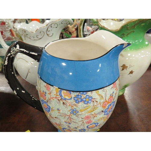 158 - A VICTORIAN TYPE JUG AND BOWL SET TOGETHER WITH THREE LARGE WATER JUGS