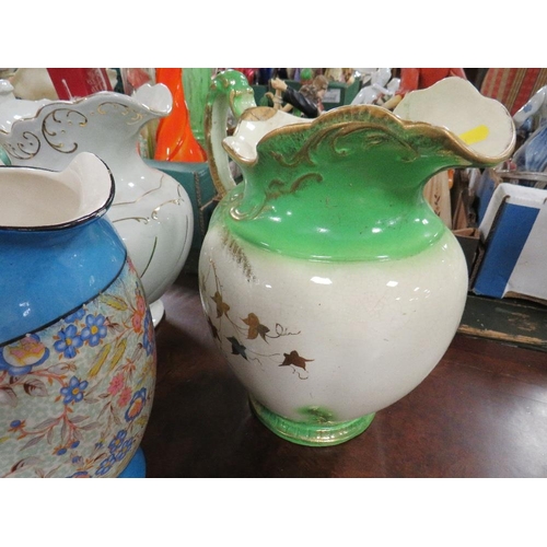 158 - A VICTORIAN TYPE JUG AND BOWL SET TOGETHER WITH THREE LARGE WATER JUGS