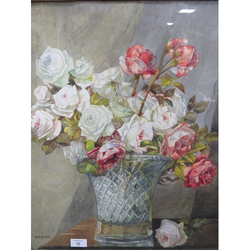 16 - REGINALD HARRY AUSTIN (1890-1955). Still life study of roses in a vase, signed lower left, watercolo... 