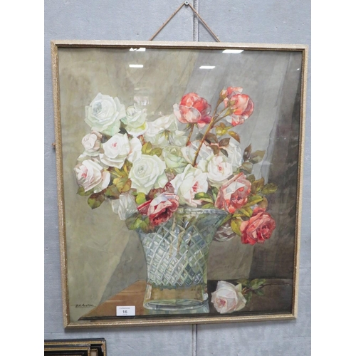 16 - REGINALD HARRY AUSTIN (1890-1955). Still life study of roses in a vase, signed lower left, watercolo... 