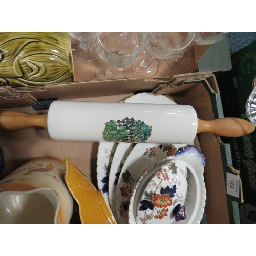 160 - THREE TRAYS OF ASSORTED CERAMICS AND GLASS TO INCLUDE A CERAMIC ROLLING PIN