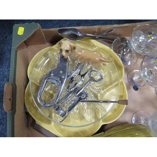 160 - THREE TRAYS OF ASSORTED CERAMICS AND GLASS TO INCLUDE A CERAMIC ROLLING PIN